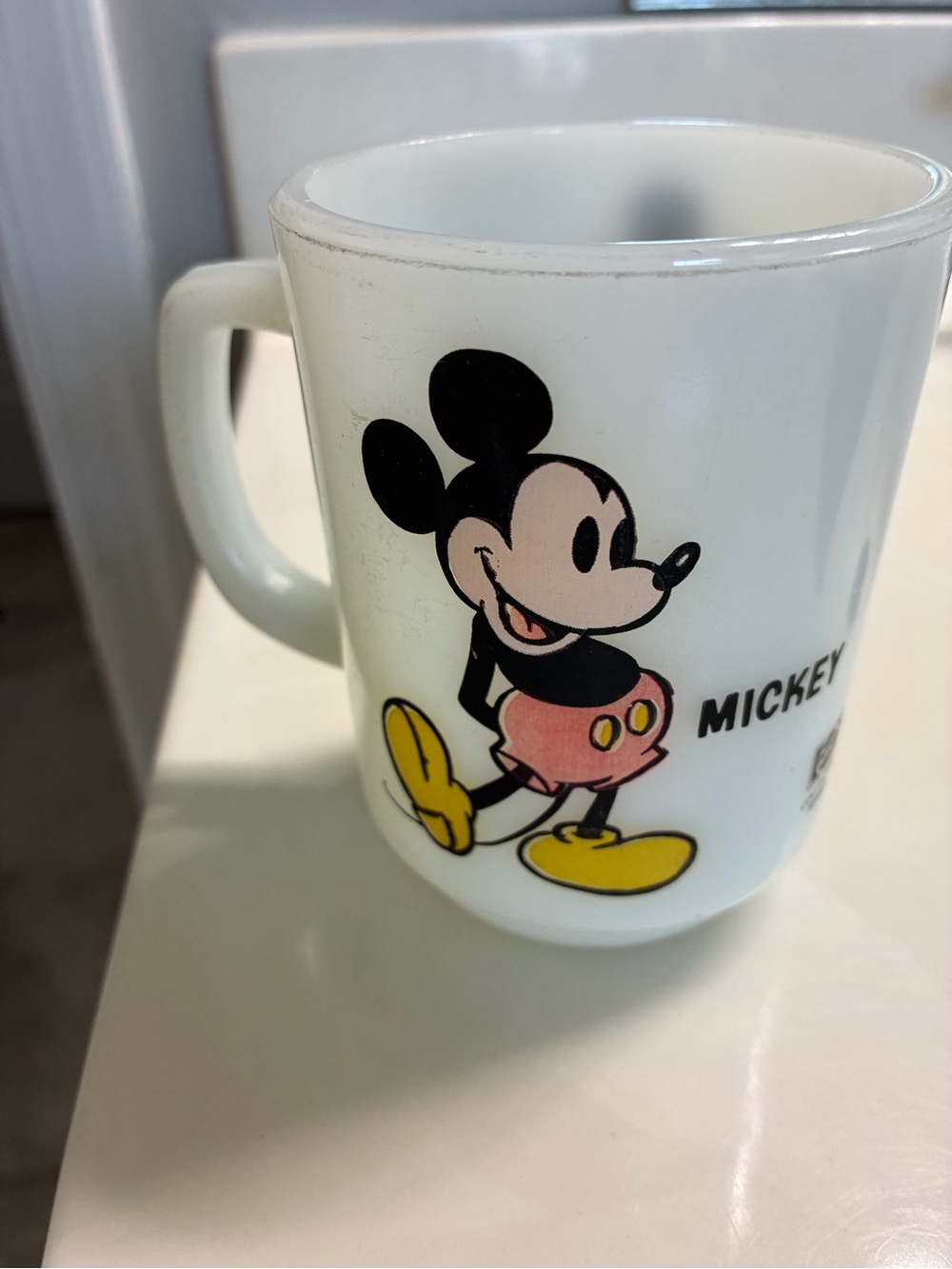 Vintage Mickey Mouse milk glass mug, manuf. as part of the Disney/Pepsi Series